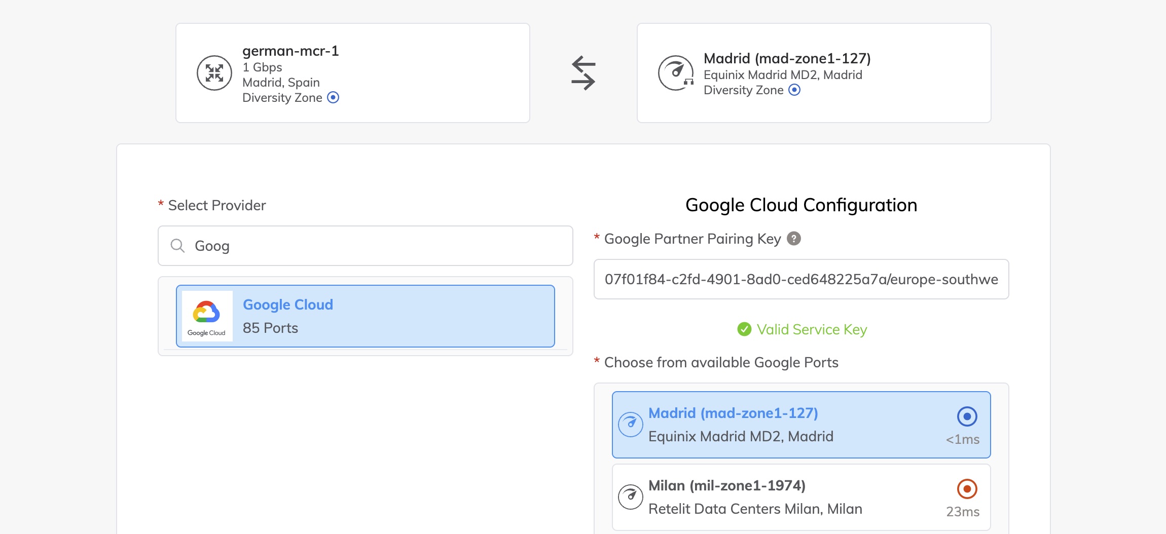 Configuración de GCP en Megaport - Pairing Key y selección de Cloud OnRamp