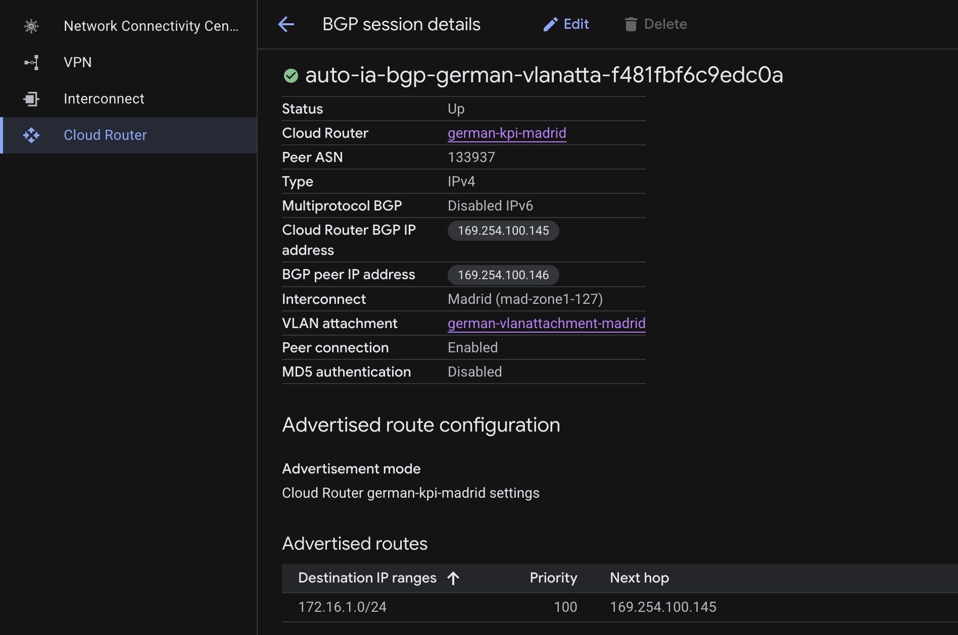 MCR A-End Connection Details - configuración automática BGP
