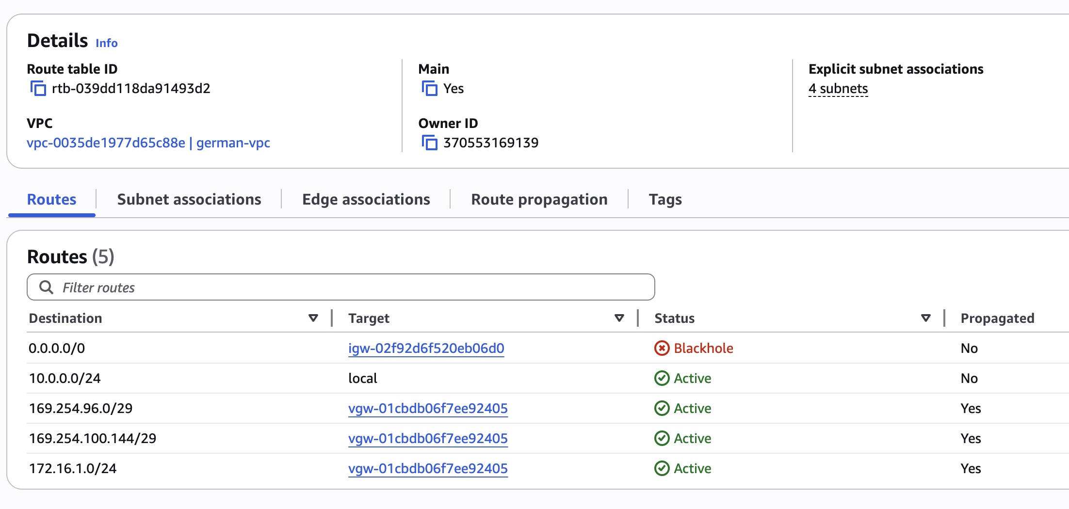 AWS Route Table con subred de GCP 172.16.1.0/24 propagada
