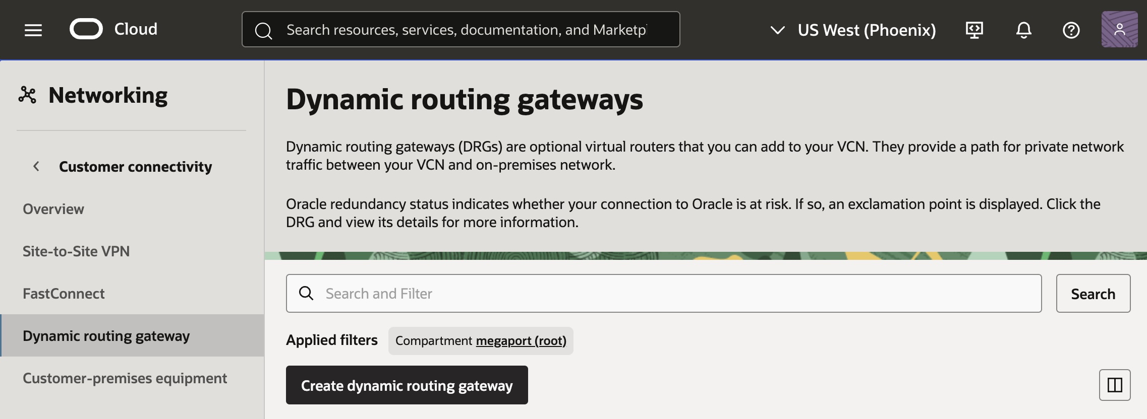 OCI Console - Dynamic routing gateways