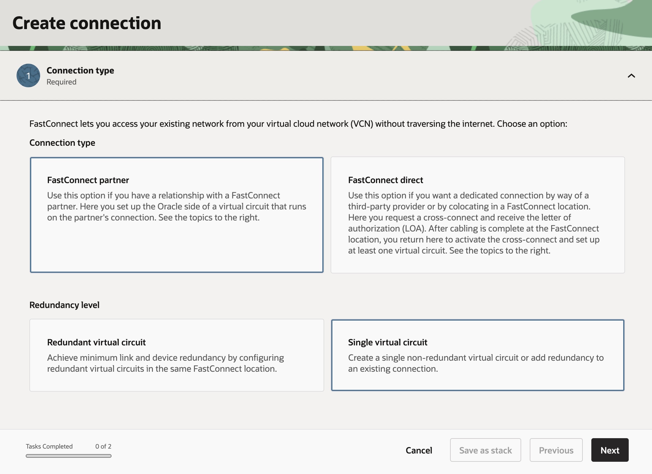 Tipo de conexión - FastConnect Partner y Single virtual circuit