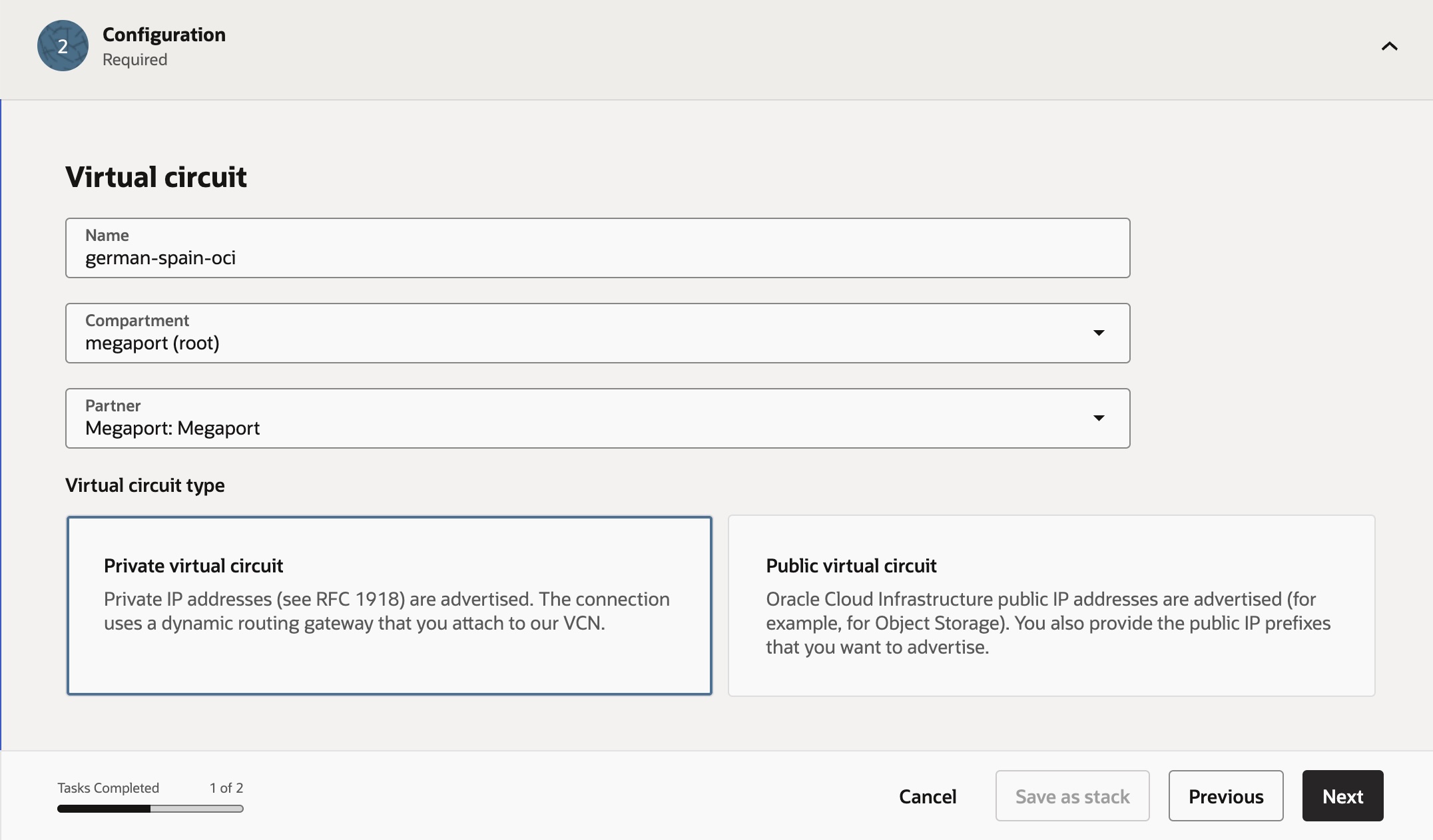 Configuración del Virtual Circuit - nombre y partner Megaport