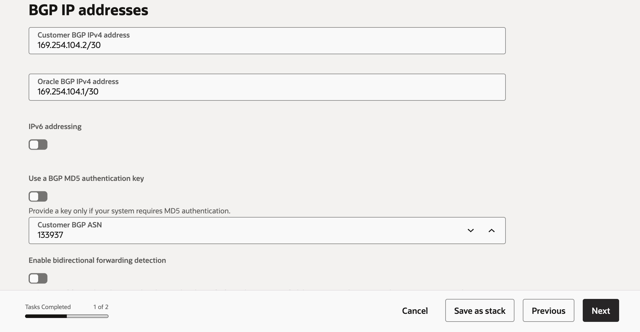 Configuración de BGP IP addresses y Customer BGP ASN