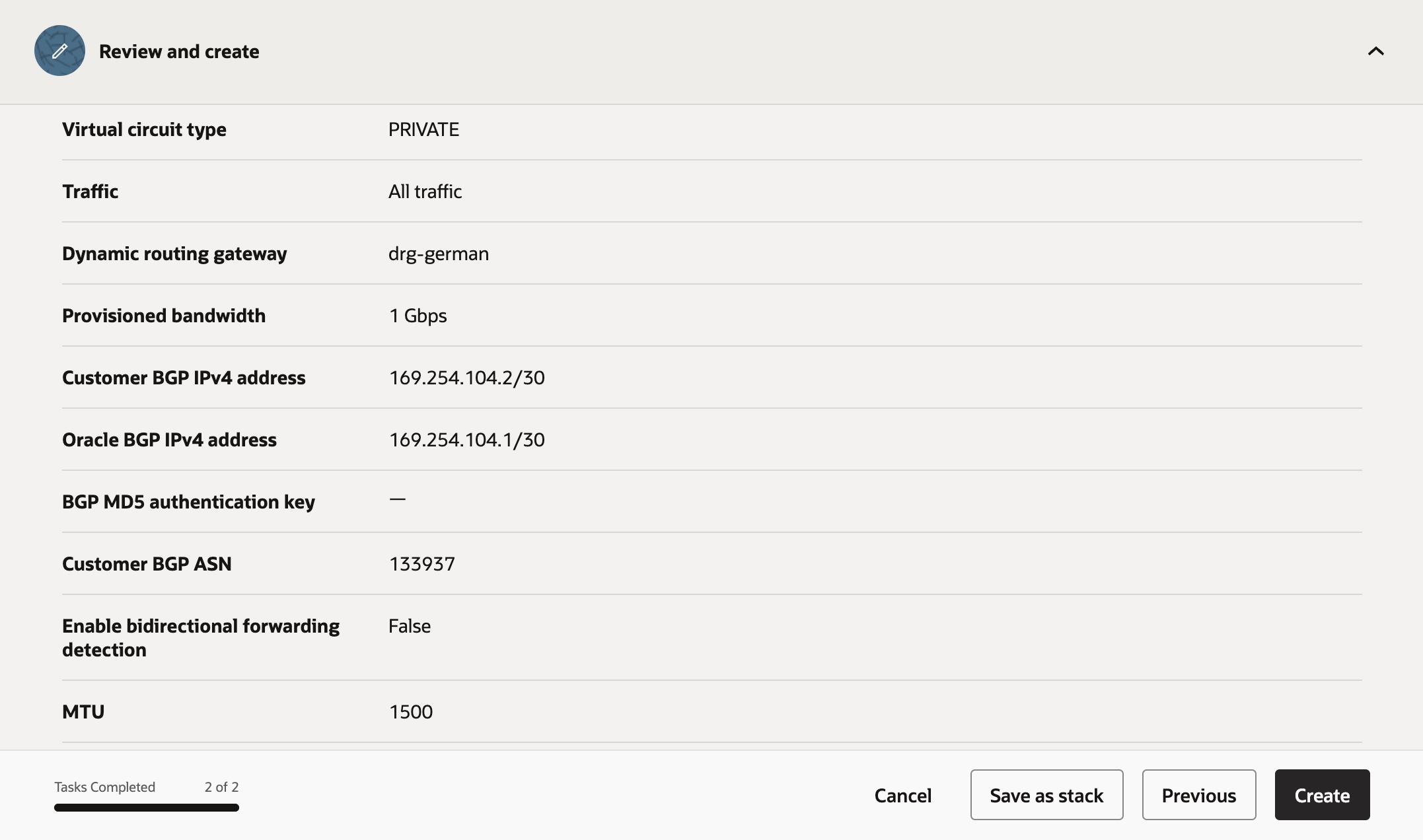 Resumen de configuración del FastConnect - Review and create