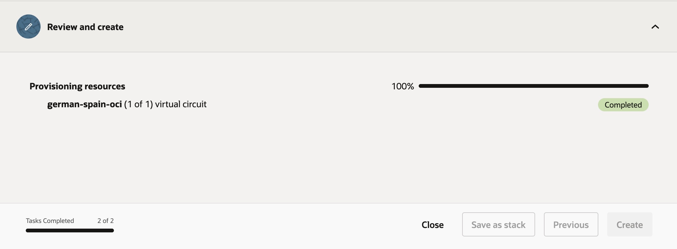 Provisioning del FastConnect completado