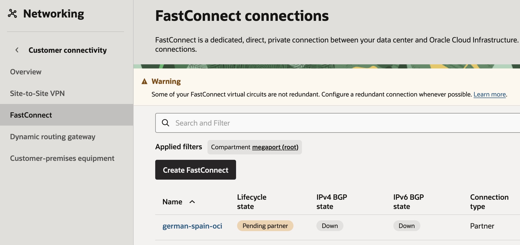 FastConnect con estado Pending partner