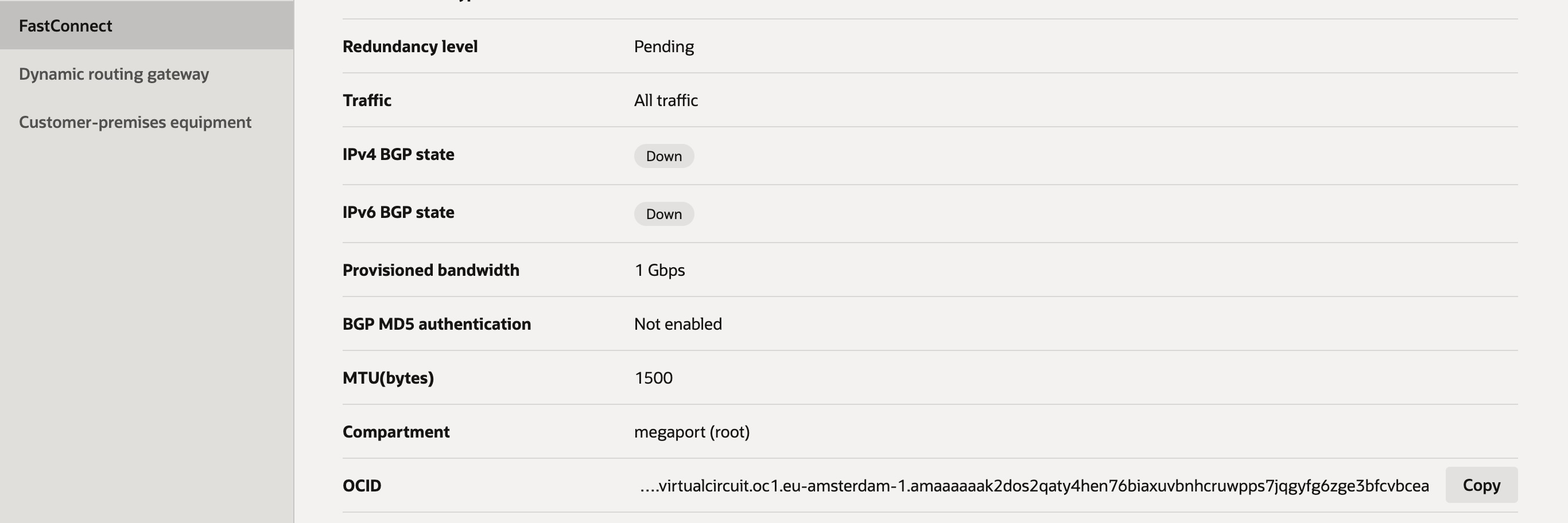 Detalles del FastConnect con OCID