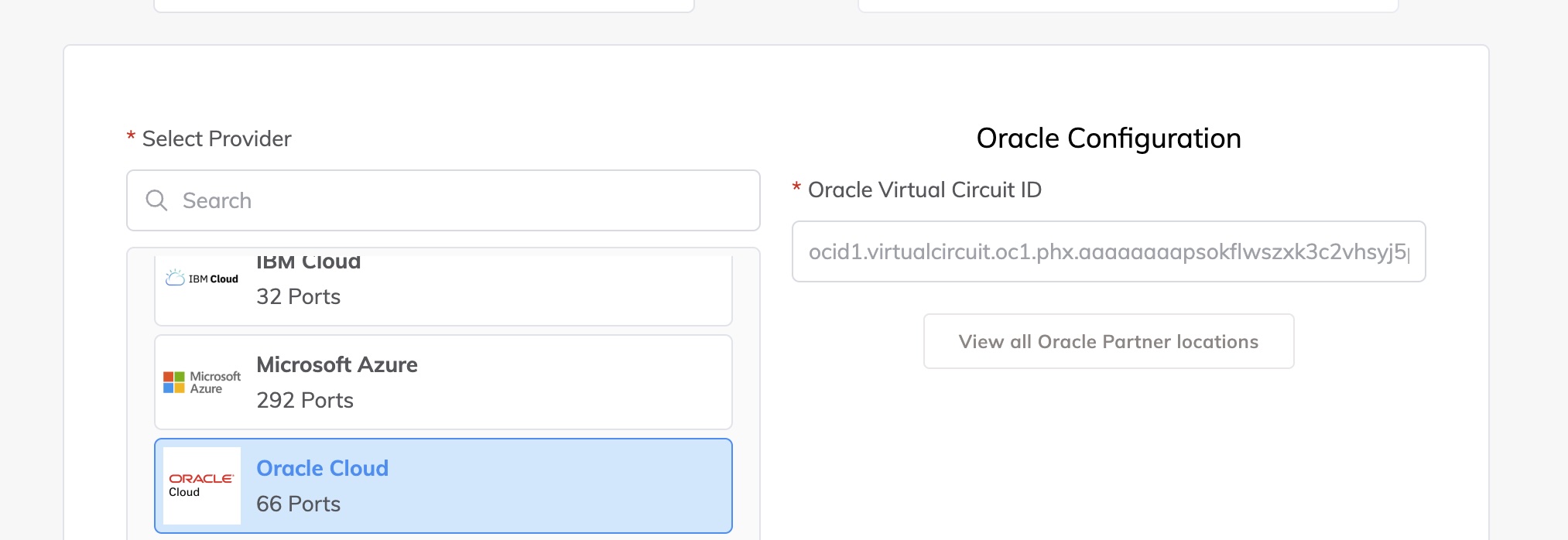 Select Provider - Oracle Cloud y Oracle Virtual Circuit ID