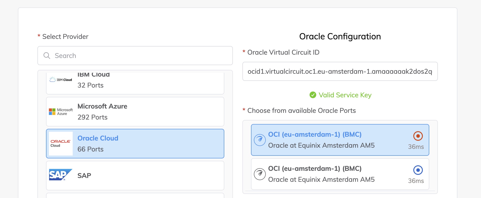 Valid Service Key y selección de Oracle Ports