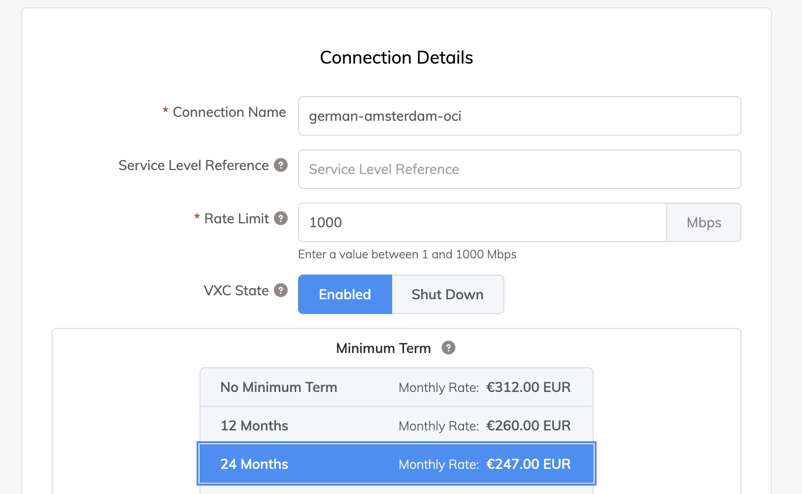 Connection Details - nombre y velocidad del Cloud VXC