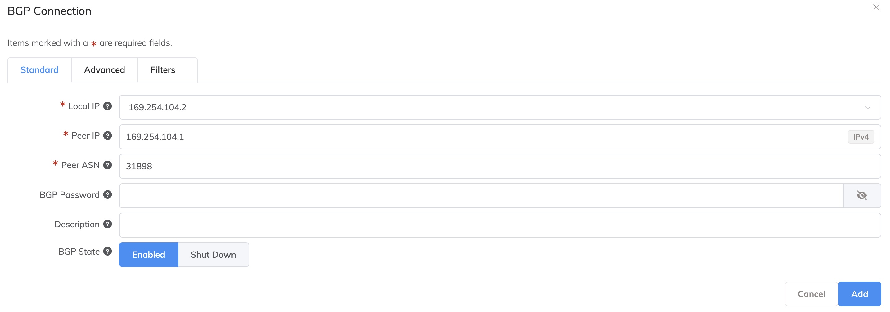 BGP Connection - Local IP, Peer IP y Peer ASN
