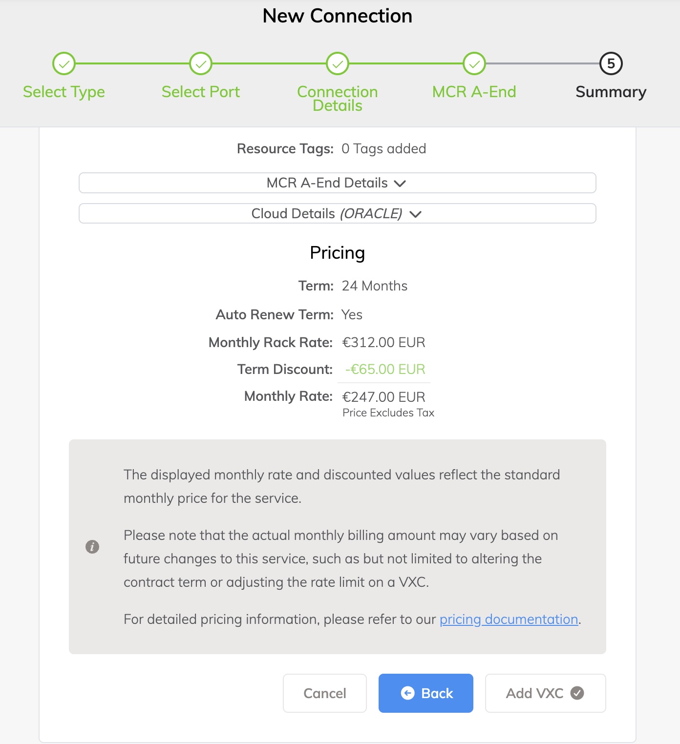 Resumen del Cloud VXC a desplegar