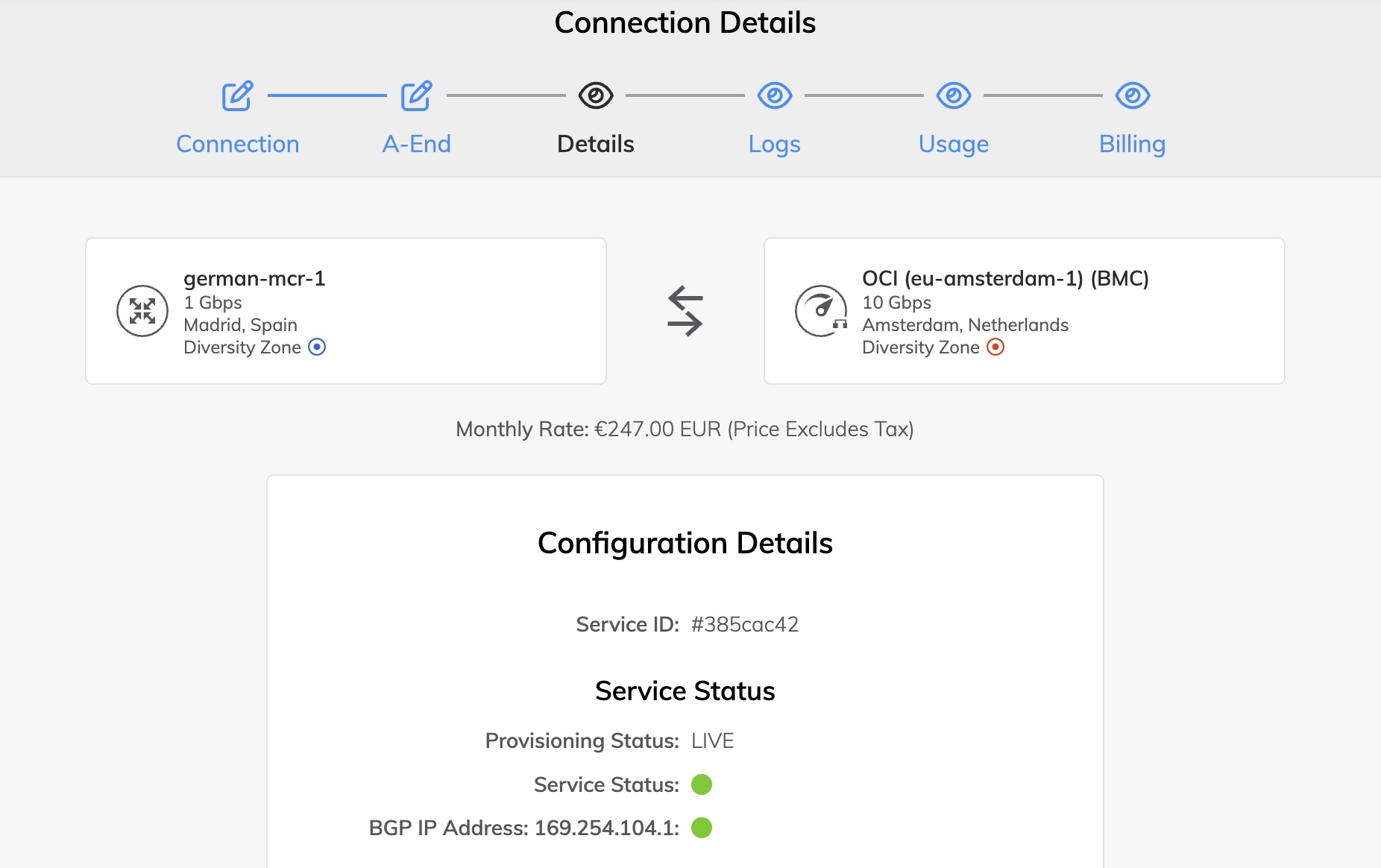 Connection Details - Service Status y BGP IP Address