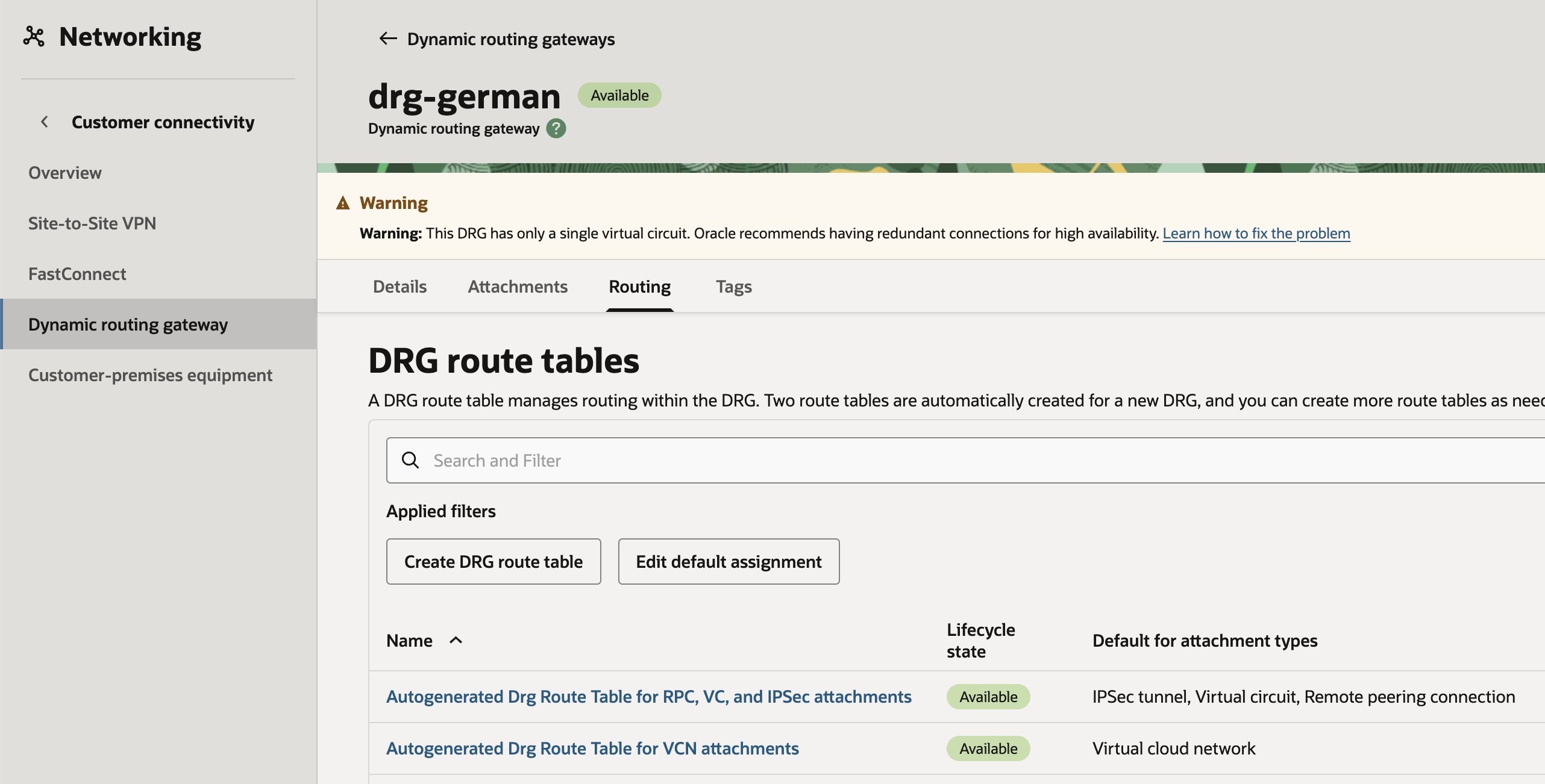 DRG route tables en OCI