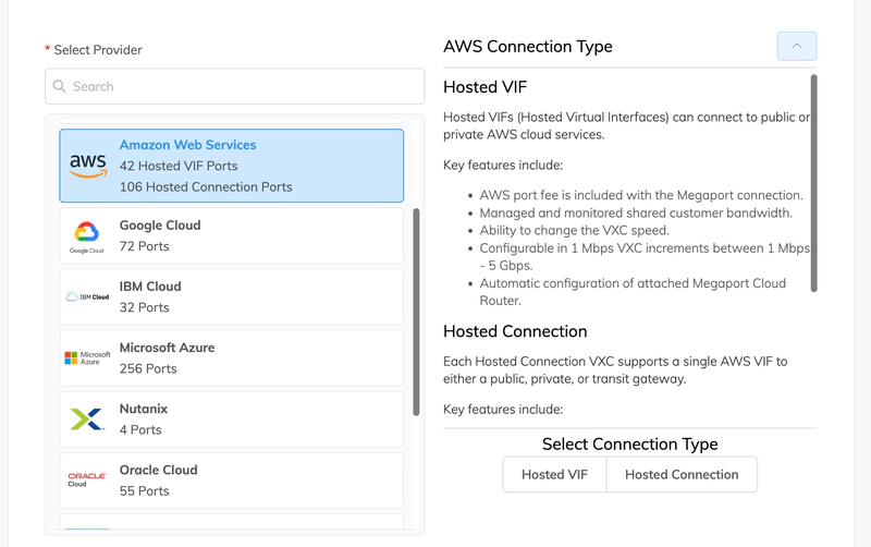 Tipo de conexión de AWS